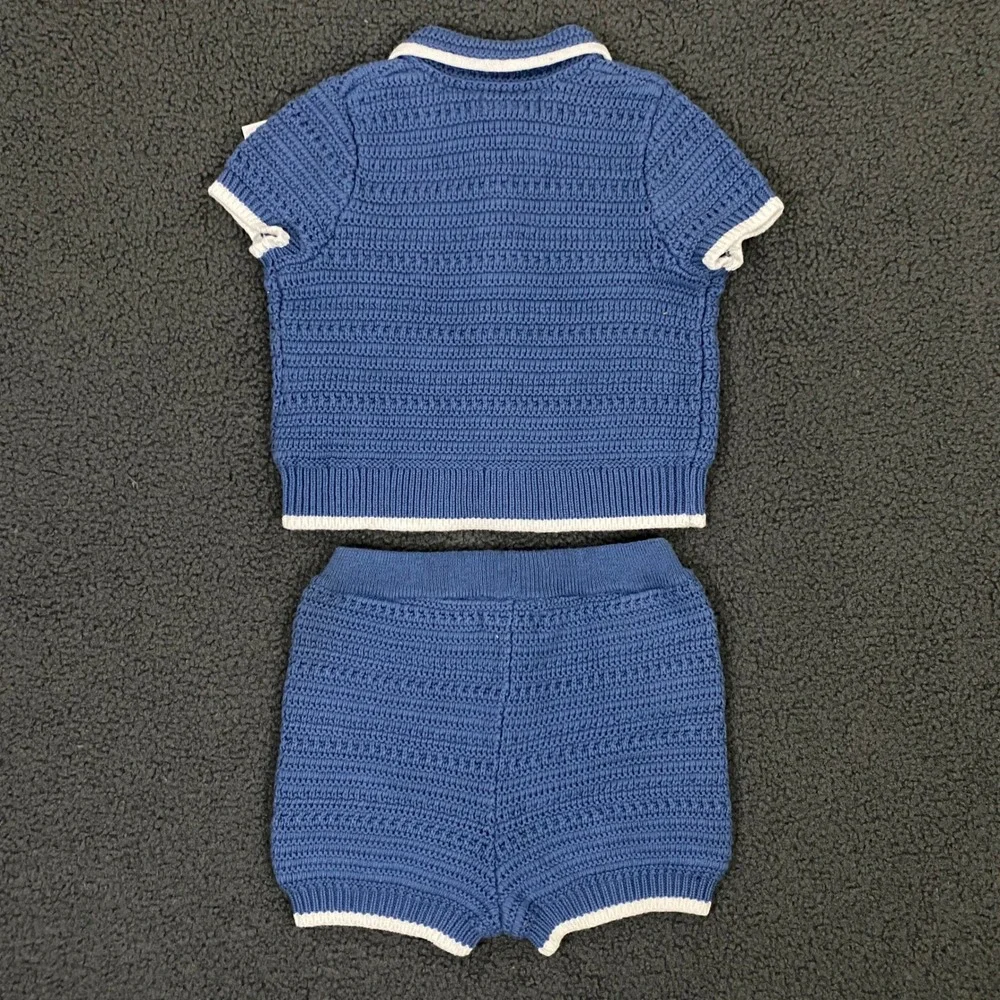 Ralph Lauren Crochet Camp Shirt Set Baby 9 Months Blue 2 Piece Knit Preppy